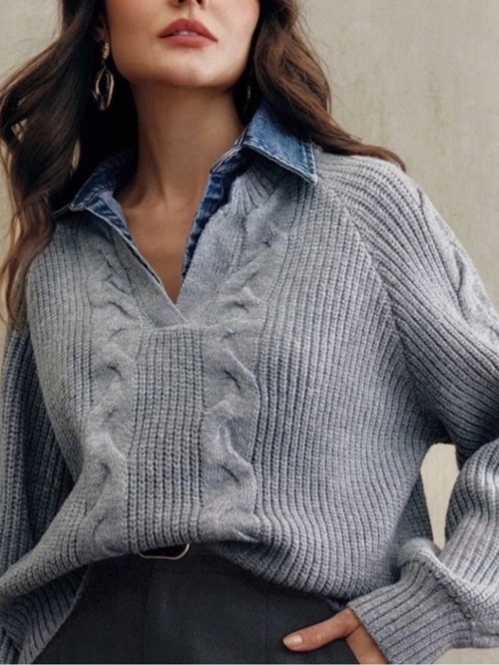 Commense Cable-Front V-Neck Sweater w/ Denim Lapel in Gray size XS #1268